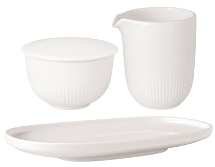 Villeroy & Boch Afina Milch- und Zucker-Set 3-teilig, Milchkännchen (170 ml) und Zuckerdose (90 ml) mit Servierplatte (23 x 13 cm), Spülmaschinenfest & Mikrowellengeeignet, Premium Porzellan, Weiß