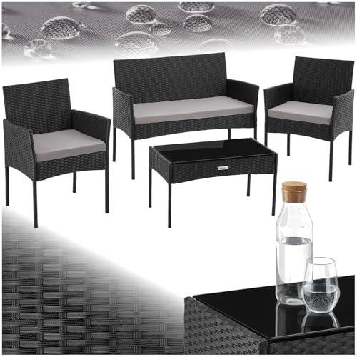 tectake® Rattan Gartenmöbel Set, Outdoor Lounge Möbel,1x Gartenbank, 2X Stuhl, 1x Balkontisch, mit Outdoor Kissen wetterfest, Balkonmöbel Kleiner Balkon, Lounge Gartenmöbel, Terrassenmöbel - schwarz