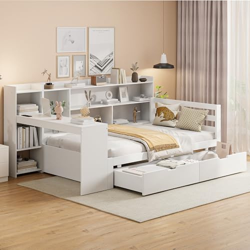Tagesbett Schlafsofa 90x200 cm, Holz Multifunktionsbett mit USB-Steckdose, Schreibtisch, 2 Schubladen, Bücherregal, Ablagefächern&Regalen, Einzelbett Massivholzbett mit Lattenrost, Ohne Matratze, Weiß