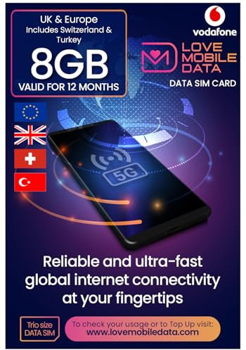 Vodafone Data SIM Card – Love Mobile Data International multi-network 4G/5G Prepaid Pay As You Go for Mobile Phones, WiFi Routers, & More - UK, Europe, Switzerland & Turkey Coverage - 8GB, 12 Months
