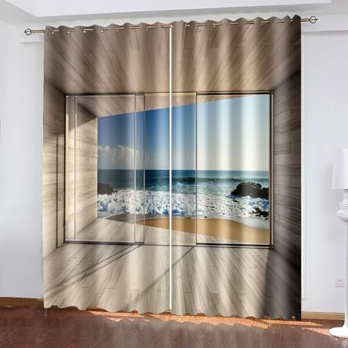 AMDXD Ösenvorhänge Beige Blau, Tür Strand Vorhang Thermovorhang, Thermovorhänge Kälteschutz Schallschutz 2er Set 132x183cm