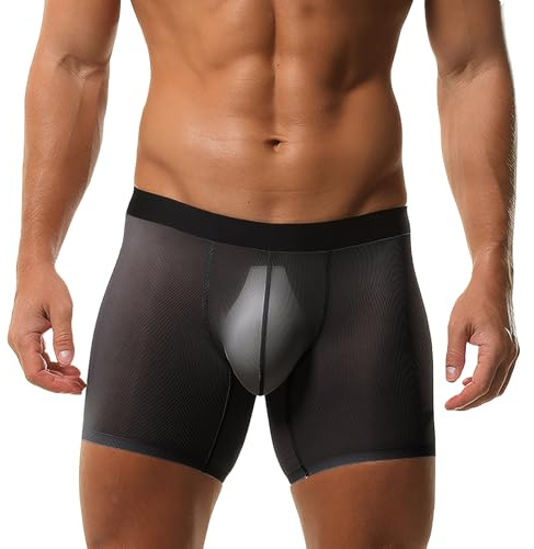 AIEOE Sexiga boxershorts för män, transparent, retroshorts, sömlösa kalsonger, issilke, hipster, elastisk linning, sexiga underkläder, svart kol, L