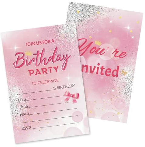 HOMANGA Birthday Party Invitations for Girls, 20Pcs Birthday Invitation Cards with Envelopes, Pink Party Invites for Kids(10x15cm, Double-Sided)