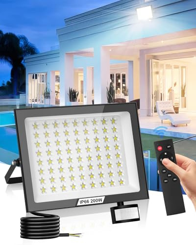 Bellanny LED Strahler mit Bewegungsmelder Außen, 200W 20000LM Superhell Scheinwerfer Wandstrahler, 6500K Kaltweiß Außenleuchte Flutlichtstrahler,IP66 Flutlicht Innen Für Garage Höfe Gärten Sportplätze