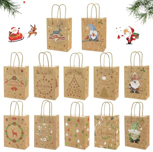 Gaoyong Geschenktüten Weihnachten, 12PCS Geschenktaschen Weihnachten, Weihnachtsgeschenktüten mit Griffen 15x8x21cm, geeignet für Weihnachtsfeier, Weihnachtsfeiern und Schenken