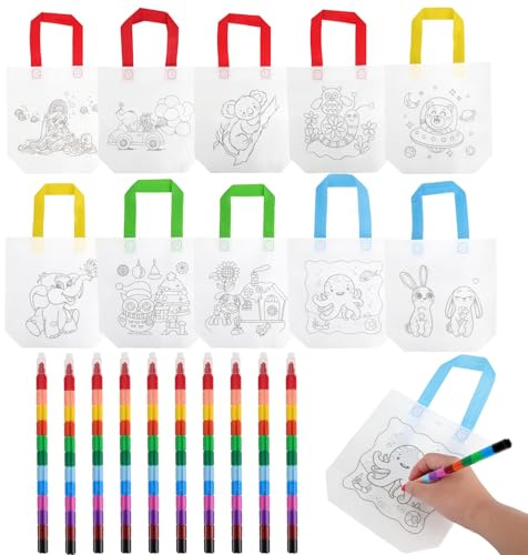 Zidoley 10 Stück DIY Stoffbeutel Zum Bemalen und 10 Stück Stapelbare Wachsmalstifte (12 Farben in 1), Perfekt für Geburtstag Gastgeschenke, Bastelset Geburtstag, Gastgeschenke Hochzeit