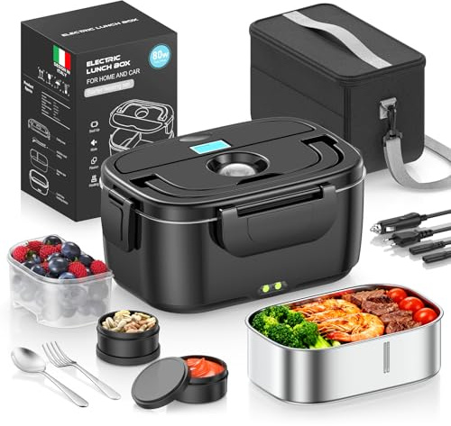 YEEFON Fiambrera Electrica 80W, 1.5L Calentador de Comida Portatil, 3 en 1 Fiambrera de Acero Inoxidable Extraíble, 12V/24V/220V para Coche Camión y Trabajo Fiambrera Térmica con Bolsa Térmica