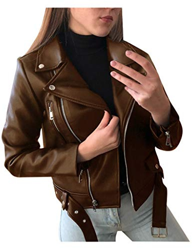Generisch 2025 Chaqueta de cuero sintético fresca para mujer de manga larga con cremallera abrigo ajustado chaqueta corta abrigo de mujer elegante, marrón, L