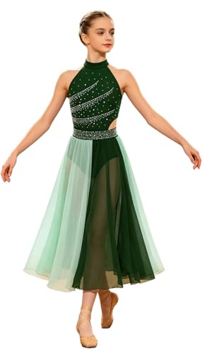 Miaeowve Tanzkleid Lyrisch Kinder Mädchen Ballettkleid Lang Strass Glitzer Eiskunstlauf Kleid Ärmellos Trainingskleid Rollkunstlauf Anzug