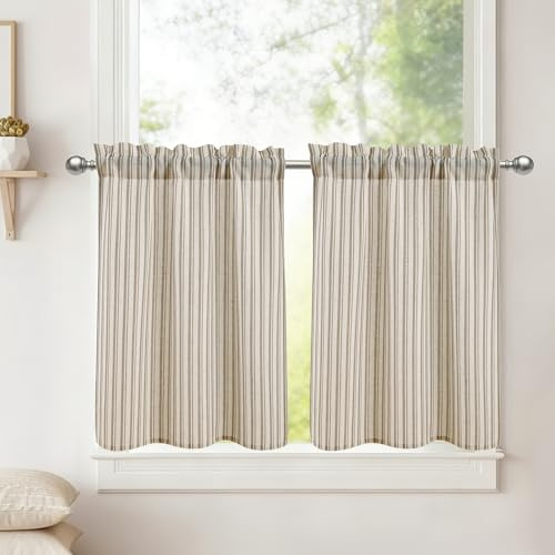 DWCN Skivgardiner linneutseende brungrå randiga köksgardiner korta gardiner H 45 x 90 cm 2 stycken halvtransparenta gardiner moderna för bistrogardin lantställe skåpgardin vardagsrum fönstergardiner