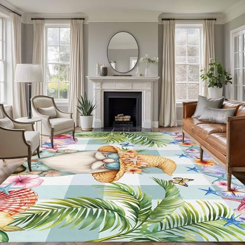 Area Rug 9x12ft, Tropical Dwarf Palm Tree Washable Rugs for Living Room Bedroom Rectangle Floor Carpet, Gnomes Sea Star on Green Plaid Soft Non-Slip Area Rugs for Dining Room