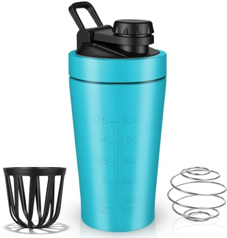 AOOWU Shaker à protéines 600ml, Shaker Protéiné de Acier Inoxydable avec Mixing Balle, Bouteille shaker de protéines Shaker Isotherme de Sport pour Boisson Protéinée Compléments Alimentaires en Poudre