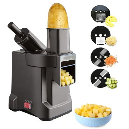 Cortador eléctrico de verduras, picador de alimentos 4 en 1 con cortador de papas fritas, dados, corte ondulado y triturado, cuchillas de acero inoxidable, base estable para preparación de comidas y