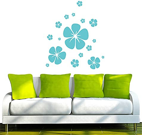 INDIGOS UG - Wandtattoo Wohnzimmer - Wandaufkleber Hibiskus, Retro 120x102 cm türkis w191 - Aufkleber Kinderzimmer Schlafzimmer Küche Badezimmer Büro Dekoration