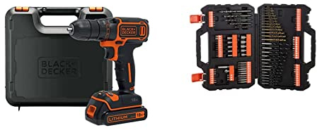 BLACK+DECKER Perceuse Visseuse Sans Fil 18 V Li-Ion avec Chargeur - Inclus 1 Batterie 1,5 Ah Livrée en Coffret - Pour le Metal, le Bois et Tâches de Visage & Coffret de perçage et vissage-109 pièces