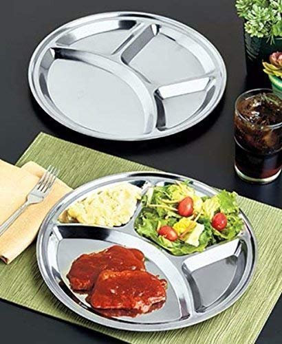 WhopperIndia Plato de comedor redondo de acero inoxidable, 4 compartimentos, Thali, niños, niños, niños, cocina, mesa de comedor, 2 unidades, 11.5 pulgadas
