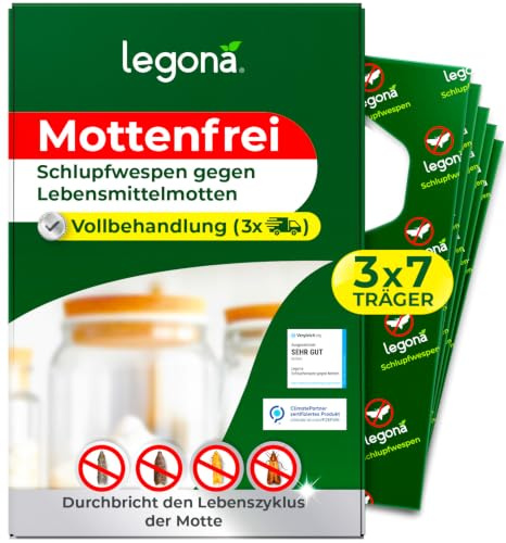 Legona Schlupfwespen gegen Lebensmittelmotten, 7 Träger, 3 Lieferungen | 9 Wochen Komplettkur gegen Motten in Küche, Vorratsschrank, Speisekammer und Lebensmittel
