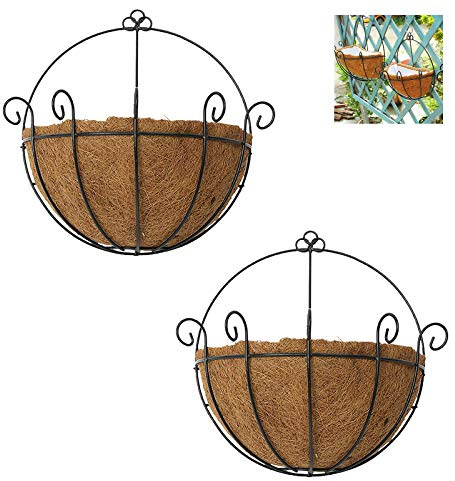 HCSUI 2PCS Metal Wall Hanging Planters Hanging Plant Baskets Pot Flower Wall Holder with Coco Liner for Garden Decor，Plant Hanger for Indoor Outdoor Garden Porch Fence Balcony Decor,10Inch