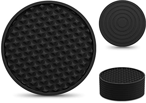 EAGMAK Coasters for Drinks Set of 8, Silicone Drink Coasters with Grooved Pattern, Non-Slip Base, Washable and Heat Resistant Coffee Coasters for Wooden Table, Desk, Kitchen, Office, Bar-Black