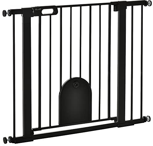 PawHut 75-103 cm Pet Safety Gate Pressure Fit Stair w/Small Door Double Locking