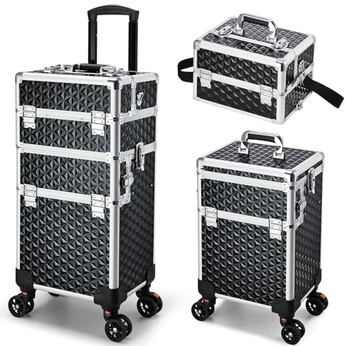 Professional Rolling Makeup Case, 3 in 1 Makeup Train Case, Cosmetology Case on Wheels, Large Makeup Trolley Salon Barber Traveling Trunk Suitcase for Makeup School Nail Tech Hairstylist MUA, Black