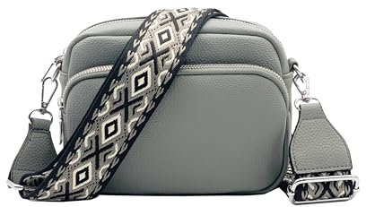 FASHION YOU WANT Crossbody Bag Damen Leder Breiter Gurt Handtasche Umhängetasche Moderne Taschen mit breitem Schultergurt,Abnehmbarer Schultergurt,Schwarz. (hellgrau)