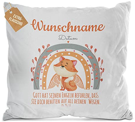 Print Royal PR Flauschiges Kissen zur Taufe mit Name & Datum - Fuchs - Gott hat seinen Engeln befohlen - Geschenke zur Taufe, personalisierte Taufgeschenke Patenkind | mit Kissenfüllung, Weiß