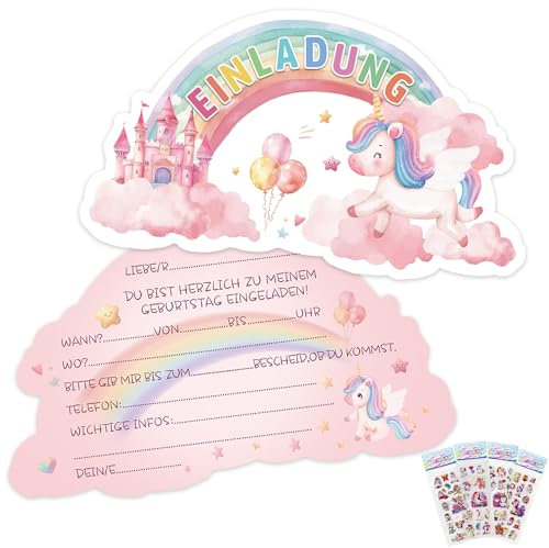 BOYATONG 12 × Einhorn Einladungskarten Kindergeburtstag Mädchen mit 4 × 3D Sticker, Geburtstagseinladungen Mädchen, Einladungskarten Geburtstag Einhorn Party Einladungen