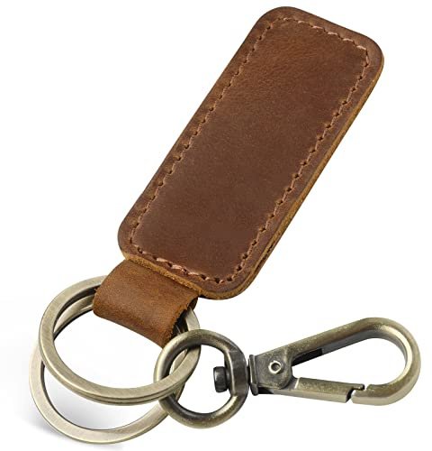 Jack&Chris Genuine Leather Car Keychain, Universal Key Fob Keychain, Leather Key Chain Holder for Men and Women, 2 Keyrings and Carabiner Clip, JC306-Brown
