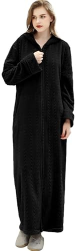 ZFSOCK Vestaglia Lunga Donna Invernale in Pile Morbido con Zip, Accappatoio in Flanella con Cappuccio, Vestaglia Microfibra da Notte per Casa Spa Hotel (Nero, S-M)