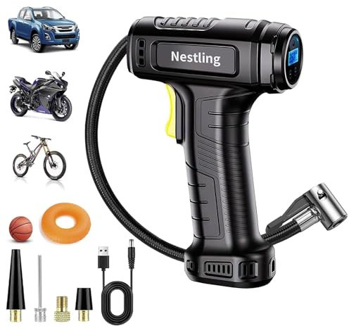 Nestling sans Fil Compresseur à Air 12V,150PSI Gonfleur Pneus Voiture, Pompe à Air Électrique,avec Lumière LED et 4 Buses pour Moto,Vélo,Boules