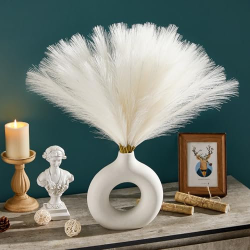 Serwalin 60pcs White Pampas Grass Artificial 45cm Fluffy Decor Faux Pampas Feathers Fluffy Artificial Dried Flower Plant Vase Filler for Living Room Bedroom Table Centerpieces