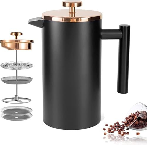Miuly Cafetera de prensa francesa, prensa francesa de acero inoxidable de 21 onzas con sistema de filtración de 3 niveles, prensa francesa aislada de doble pared con 4 filtros y 1 cuchara de metal,