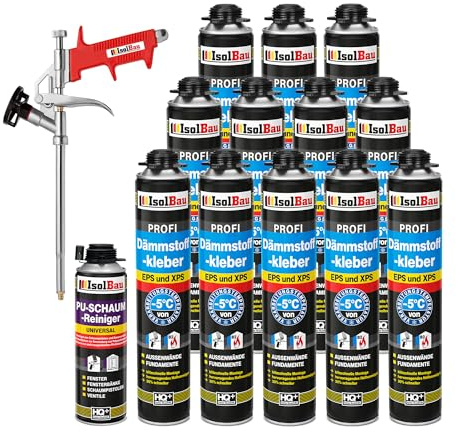 Isolbau B2 Dämmstoffkleber SET - 12 x 750 ml Perimeterkleber, 1 x PU-Schaum-Reiniger & 1x Schaumpistole für EPS & XPS-Platten - 1K PU-Klebeschaum für Fixieren & Befestigen