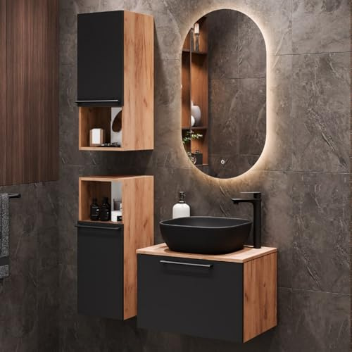 Planetmöbel Astra Ensemble Meuble Salle de Bain avec Meuble sous lavabo 60 cm, 2 armoires Moyennes chêne doré Anthracite, Vasque à Poser 42 cm Noire, Miroir (avec LED) 50 cm