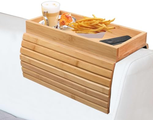 Granvoo Flexibles Sofatablett aus Bambus für Armlehne, Rutschfestes Couch Tablett, Faltbarer Sofa Armlehne Ablage für Fernbedienung Snacks Handy Getränke Tasse