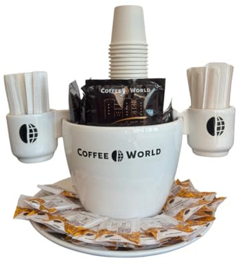 Coffee World, Tazzone artigianale con piatto in porcellana porta cialde, capsule, palette, zucchero, bicchierini da caffè, tazzone porta accessori da caffè, bicchierini, palettine e zucchero