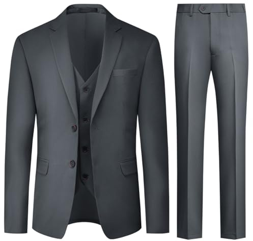Allthemen Herren Anzug Stretch Slim Fit 3 Teilig Hochzeitsanzug Komplett Anzüge 2-Knopf Business Dunkelgrau M