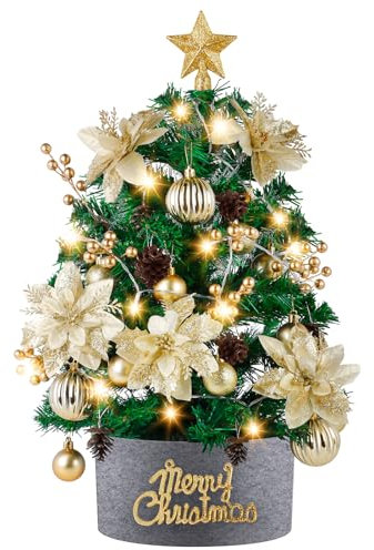 Joyhoop Mini Arbol de Navidad 60 cm, 24inch Pequeño Árbol de Navidad Artificial de Mesa, con árbol de delantal Piñas Estrellas Adornos de Navidad, para la Decoración del Hogar de la Fiesta de Navidad.
