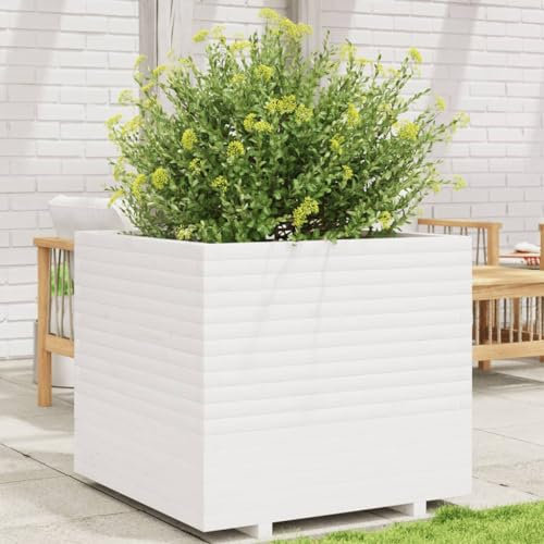 Sufrk Jardinière Blanc 80x80x72 cm Bois de pin Massif,Jardiniere sur Pieds,Bac avec Treillis,Jardiniere Terrasse