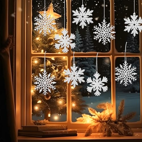 CCUCKY Weiße Schneeflocken Ornamente Weihnachtsbaum Hänge Dekorationen 9 Stück, Glitzer Schneeflocken Anhänger für Weihnachtsfeier, Fenster und Wohnraumdekoration