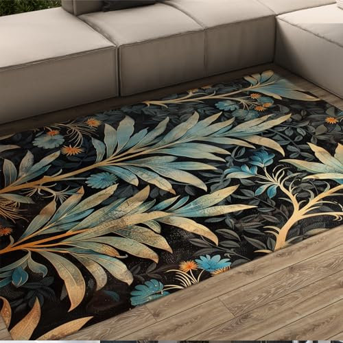LANDERSION Schwarzer Teppich Boho Outdoor-Teppich Botanischer Druck Indoor Türmatte Moderne Einzigartige Wohnkultur Teppich Weiche Textur Leichte Teppiche 60x90cm