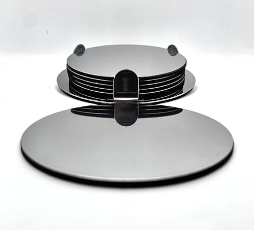 LoNesito Sottobicchiere in argento effetto specchio (7 pezzi), sottobicchiere in argento - 6 sottobicchieri con supporto - Decorazione - Tavolo - Sottopentola - Eventi, 6 pezzi + supporto.