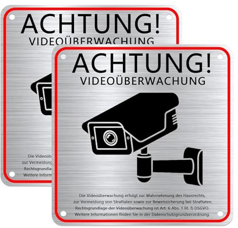 TAOPE Achtung Videoüberwachung Schild, Schild Videoüberwachung 15 x 15 cm klein inkl. DSGVO Hinweis - Alu Warnschild Kamera Überwachung (2 Stück - Rot & Schwarz)
