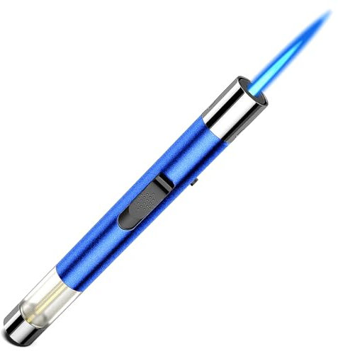Juspota 19cm Gas Mechero, Mechero Soplete Recargable a Butano, Se Puede Bloquear a Prueba de Viento Encendedor de Palo Largo, Azul (Vendido sin Gas)
