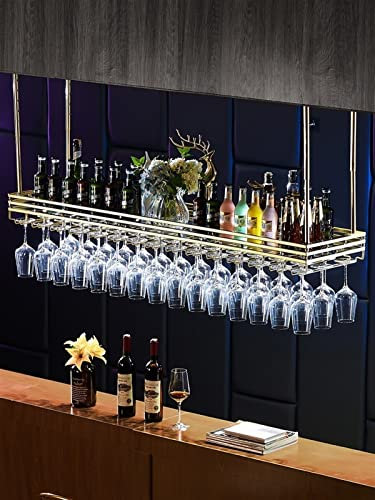 Estante de metal para colgar en el techo para copas de vino con altura y ancho ajustables, soporte de almacenamiento vintage para debajo del gabinete, cocina, bar, bar, soporte de vidrio para bares y