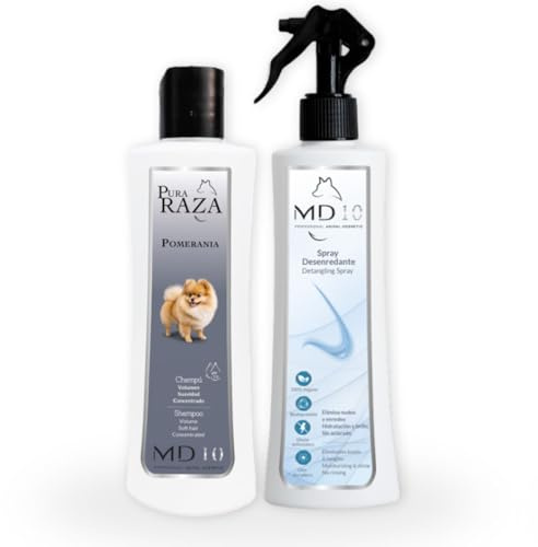 Pack Rutina Limpieza - Champú para Pomerania 300 ml + Spray Desenredante e Hidratante para Perros sin Aclarado 300 ml - Rutina de Higiene Completa para tu Perro Pomerania - MD10 Collection