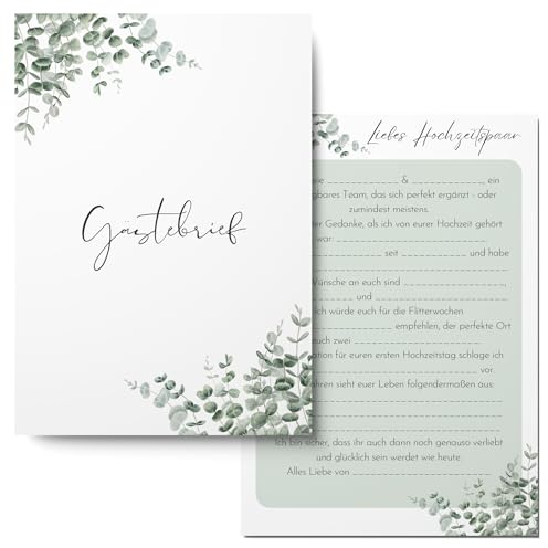 50x Gästebrief Karten Hochzeit - Lückentext Gästekarten als spaßiges Hochzeitsspiel oder als Alternative zum Gästebuch (Eukalyptus)