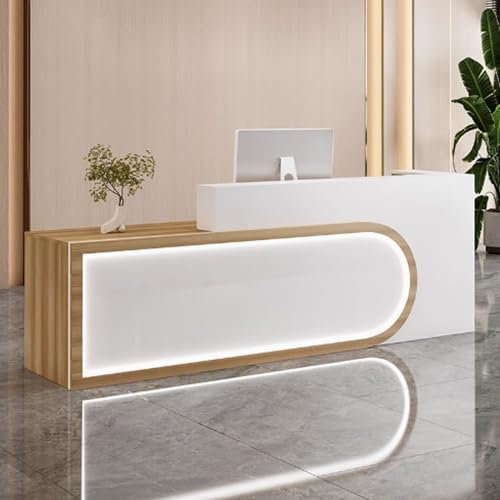 GUQASDV Reception Desk Salon, Reception Table, Empfangstheke Rezeption, Empfangstresen für Praxis Holzwerkstoff mit Sanfter Beleuchtung für Restaurants Oder(White+Natural,1m)