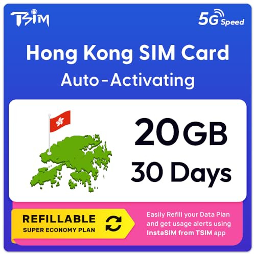 SIM Hong Kong | Plan Super Économie Rechargeable 20 Go ! Activation Automatique, validité 30 Jours | Vitesse 5G + Partage de Connexion | Données Uniquement, Aucun Numéro de Téléphone